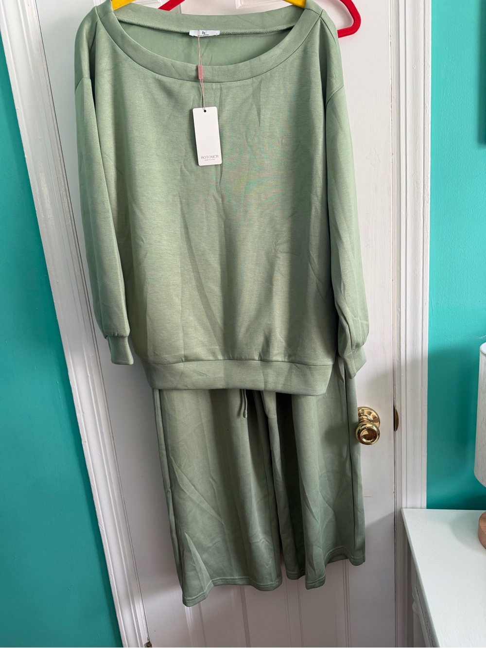 NWT Hot Touch Oversized Boatneck Sweatshirt & Wide Leg Pant Set Sage Small, NWT,